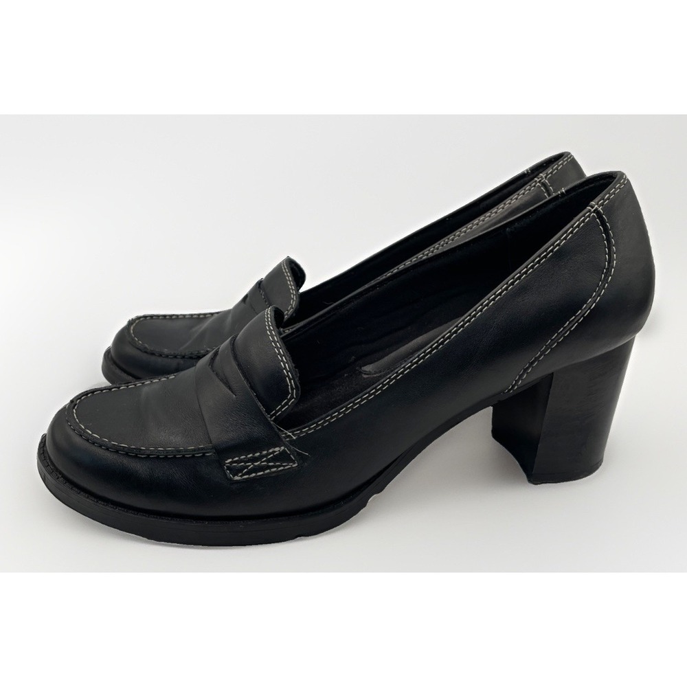 Bass Plaza Y2K Black Leather Penny Loafer Block Heel Pumps Contrast Stitch 9.5 M - Picture 4 of 8